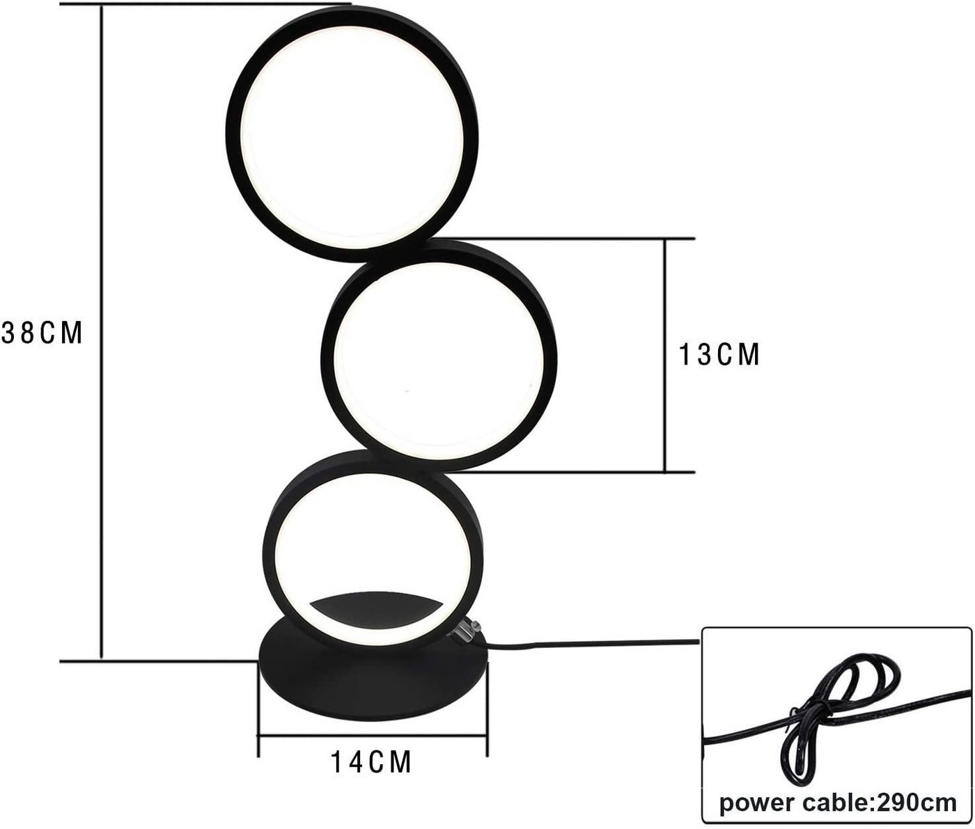 ZMH LED Tischleuchte 3-Ring-Design Schwarz, 12 W, 1000 lm, stufenlos dimmbar, 3000–6000 K, mit Kabelcontroller, LED fest integriert, Warmweiß bis Kaltweiß