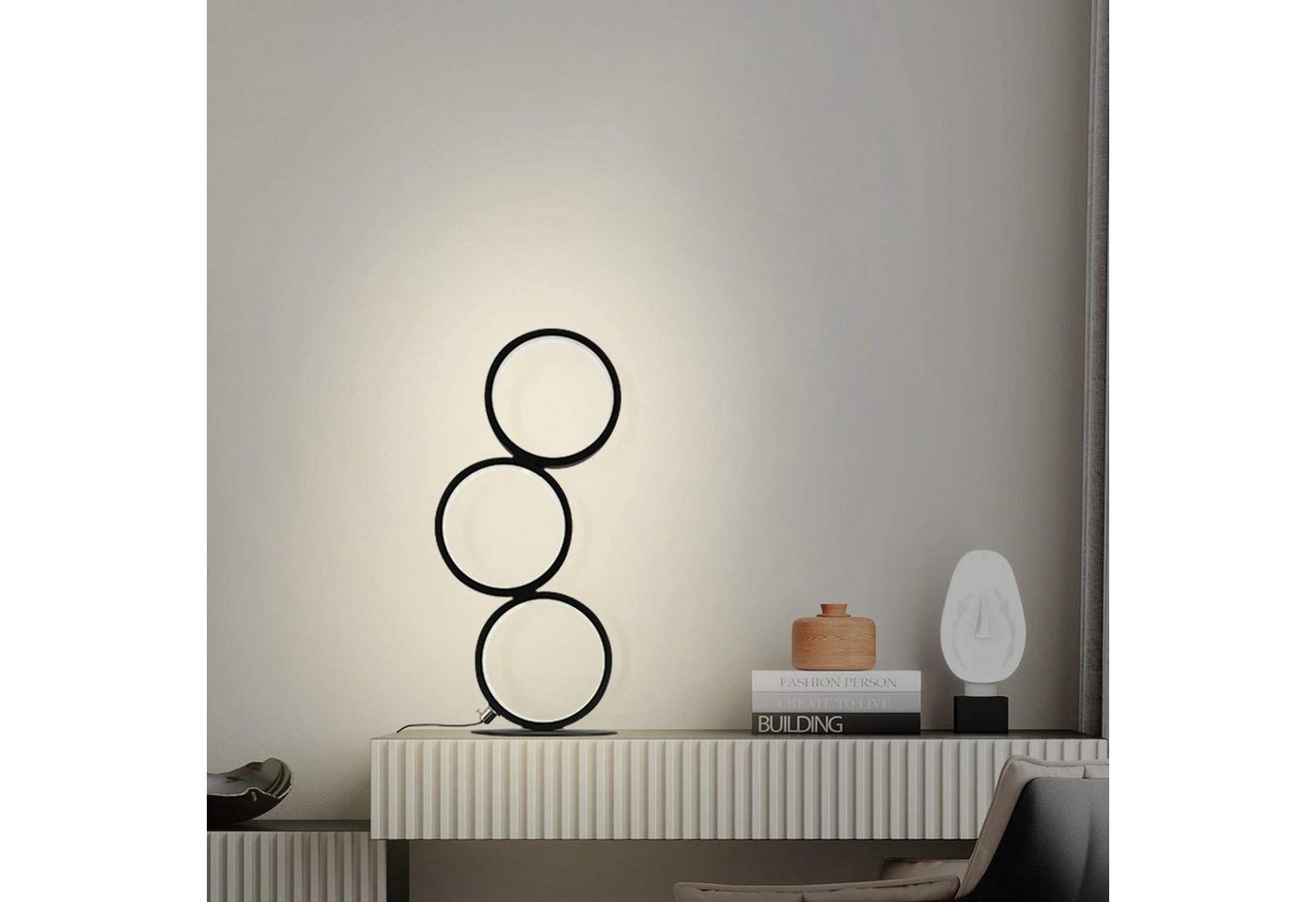 ZMH LED Tischleuchte 3-Ring-Design Schwarz, 12 W, 1000 lm, stufenlos dimmbar, 3000–6000 K, mit Kabelcontroller, LED fest integriert, Warmweiß bis Kaltweiß Bild 3