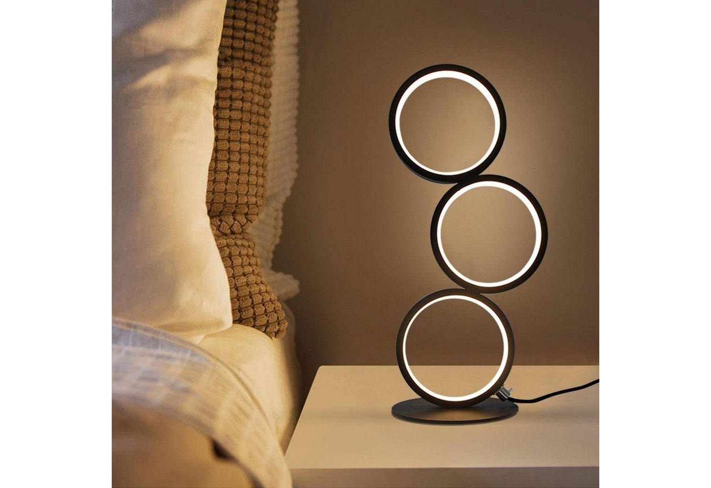 ZMH LED Tischleuchte 3-Ring-Design Schwarz, 12 W, 1000 lm, stufenlos dimmbar, 3000–6000 K, mit Kabelcontroller, LED fest integriert, Warmweiß bis Kaltweiß Bild 4