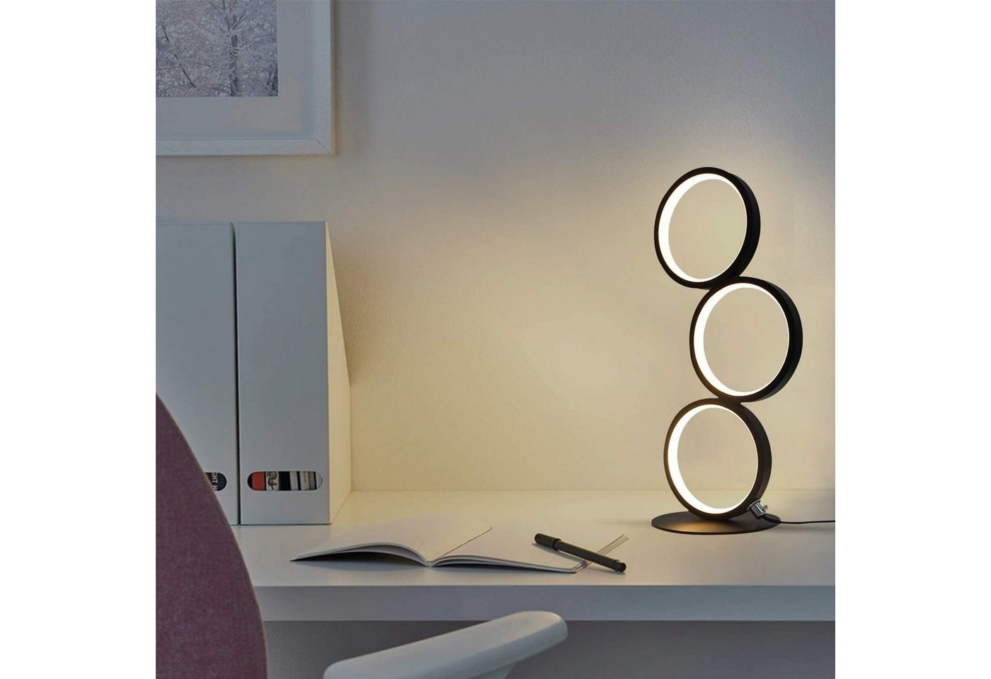 ZMH LED Tischleuchte 3-Ring-Design Schwarz, 12 W, 1000 lm, stufenlos dimmbar, 3000–6000 K, mit Kabelcontroller, LED fest integriert, Warmweiß bis Kaltweiß Bild 5
