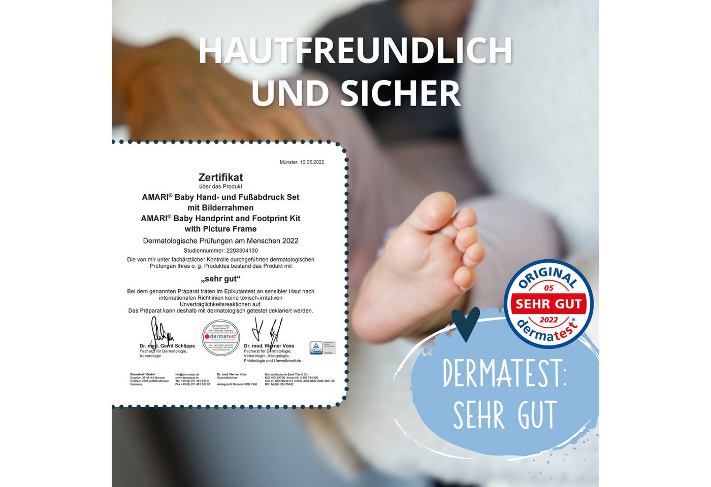Amari Handabdruck-Set Baby Fußabdruck Set mit Holz-Bilderrahmen & Abdruckmasse, Komplettset mit Videoanleitung, ohne Anrühren, 3 Passepartouts in Weiß, Rosa & Blau, Buchstaben- & Zahlenset, Geschenk zur Geburt, Taufe & Babyparty, Name & Datum einprägen
