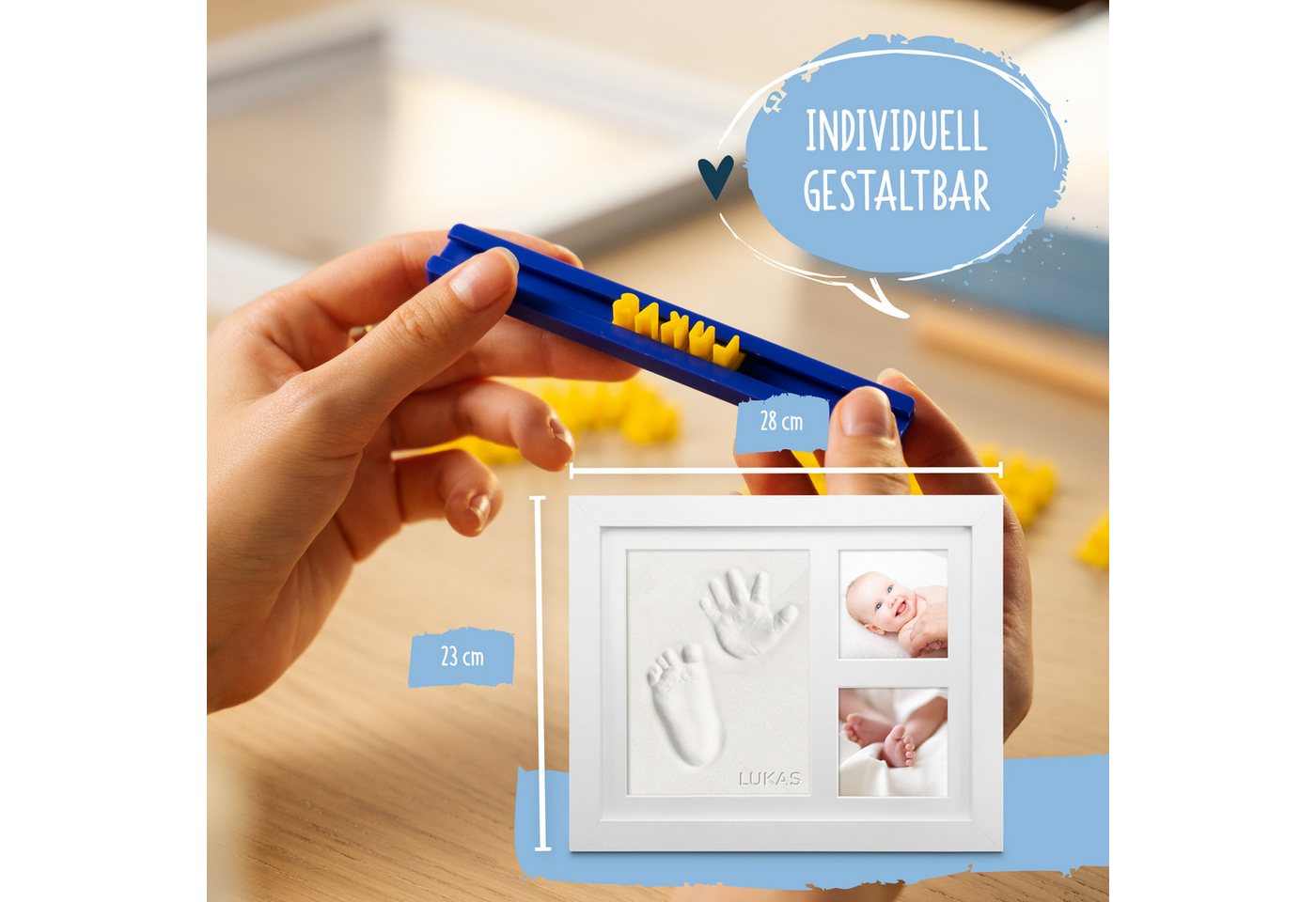 Amari Handabdruck-Set Baby Fußabdruck Set mit Holz-Bilderrahmen & Abdruckmasse, Komplettset mit Videoanleitung, ohne Anrühren, 3 Passepartouts in Weiß, Rosa & Blau, Buchstaben- & Zahlenset, Geschenk zur Geburt, Taufe & Babyparty, Name & Datum einprägen Bild 2