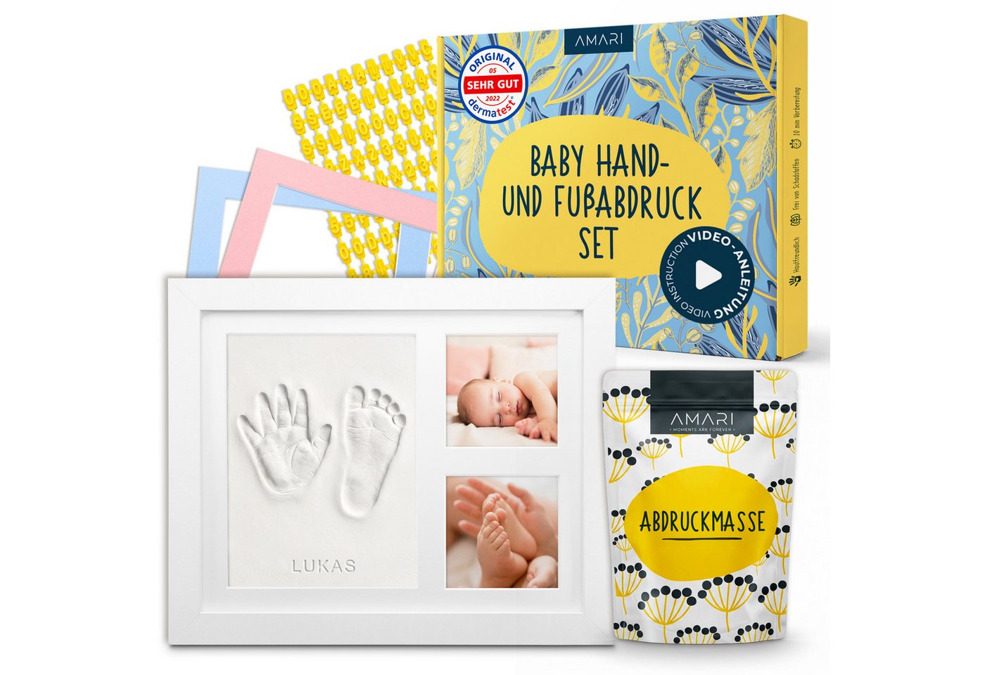Amari Handabdruck-Set Baby Fußabdruck Set mit Holz-Bilderrahmen & Abdruckmasse, Komplettset mit Videoanleitung, ohne Anrühren, 3 Passepartouts in Weiß, Rosa & Blau, Buchstaben- & Zahlenset, Geschenk zur Geburt, Taufe & Babyparty, Name & Datum einprägen Bild 4