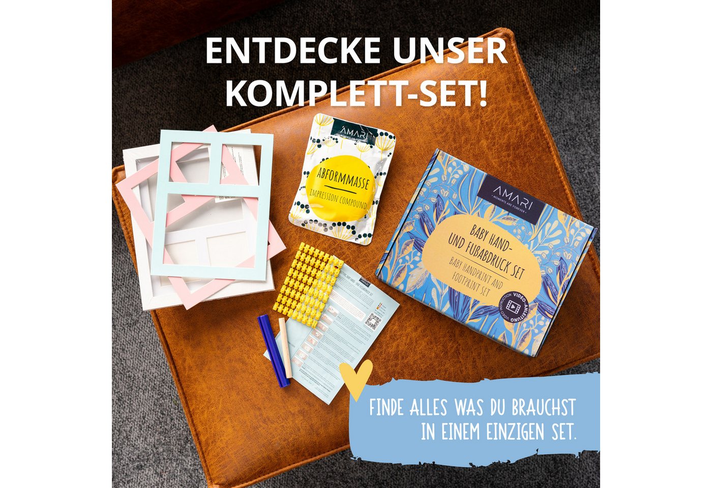 Amari Handabdruck-Set Baby Fußabdruck Set mit Holz-Bilderrahmen & Abdruckmasse, Komplettset mit Videoanleitung, ohne Anrühren, 3 Passepartouts in Weiß, Rosa & Blau, Buchstaben- & Zahlenset, Geschenk zur Geburt, Taufe & Babyparty, Name & Datum einprägen Bild 5
