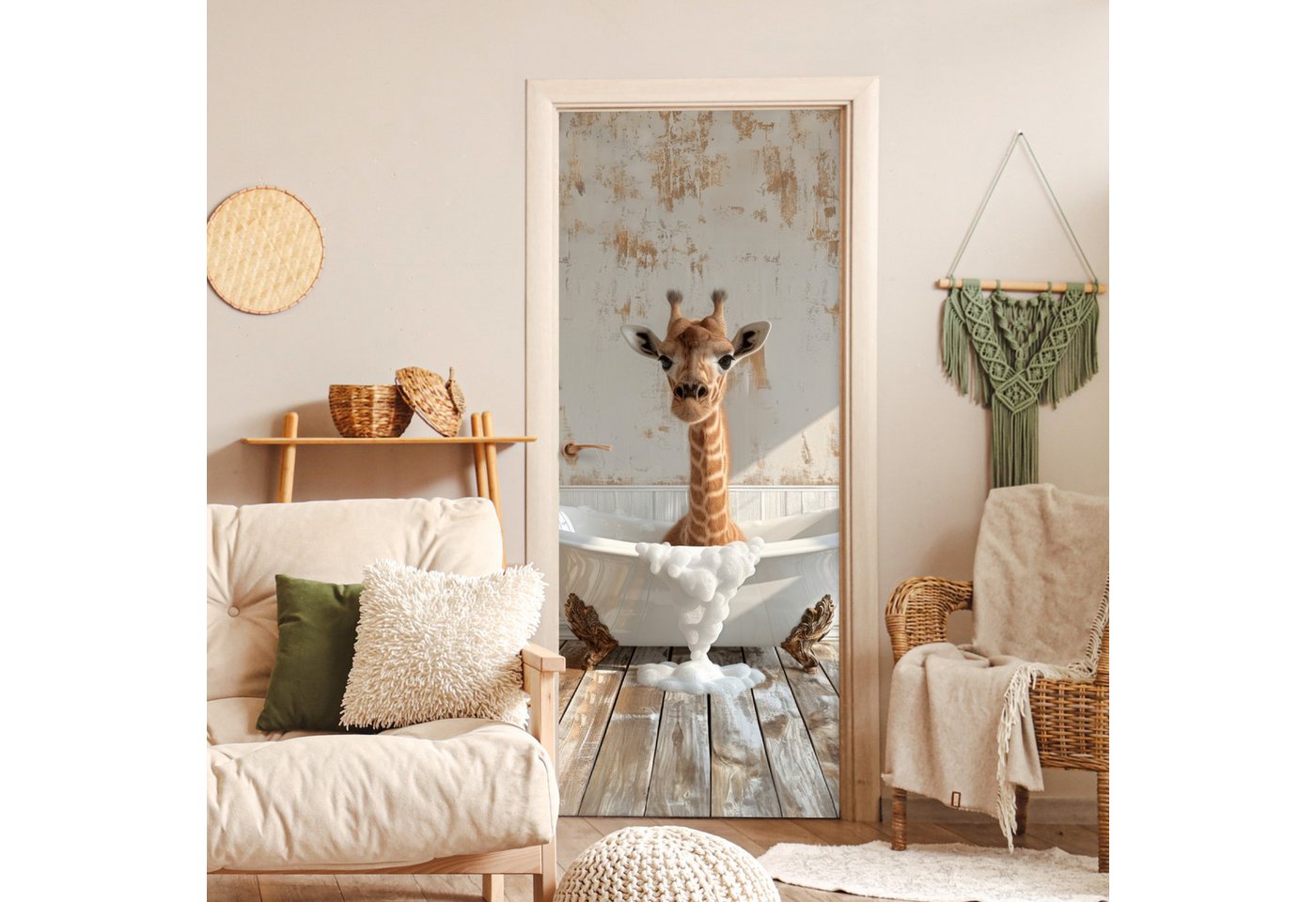 MuchoWow Türtapete Giraffe - Badewanne - Vintage - Tiere, Matt, bedruckt, (1 St), Selbstklebende Tapete, Folie für Möbel, 75x205 cm Bild 3
