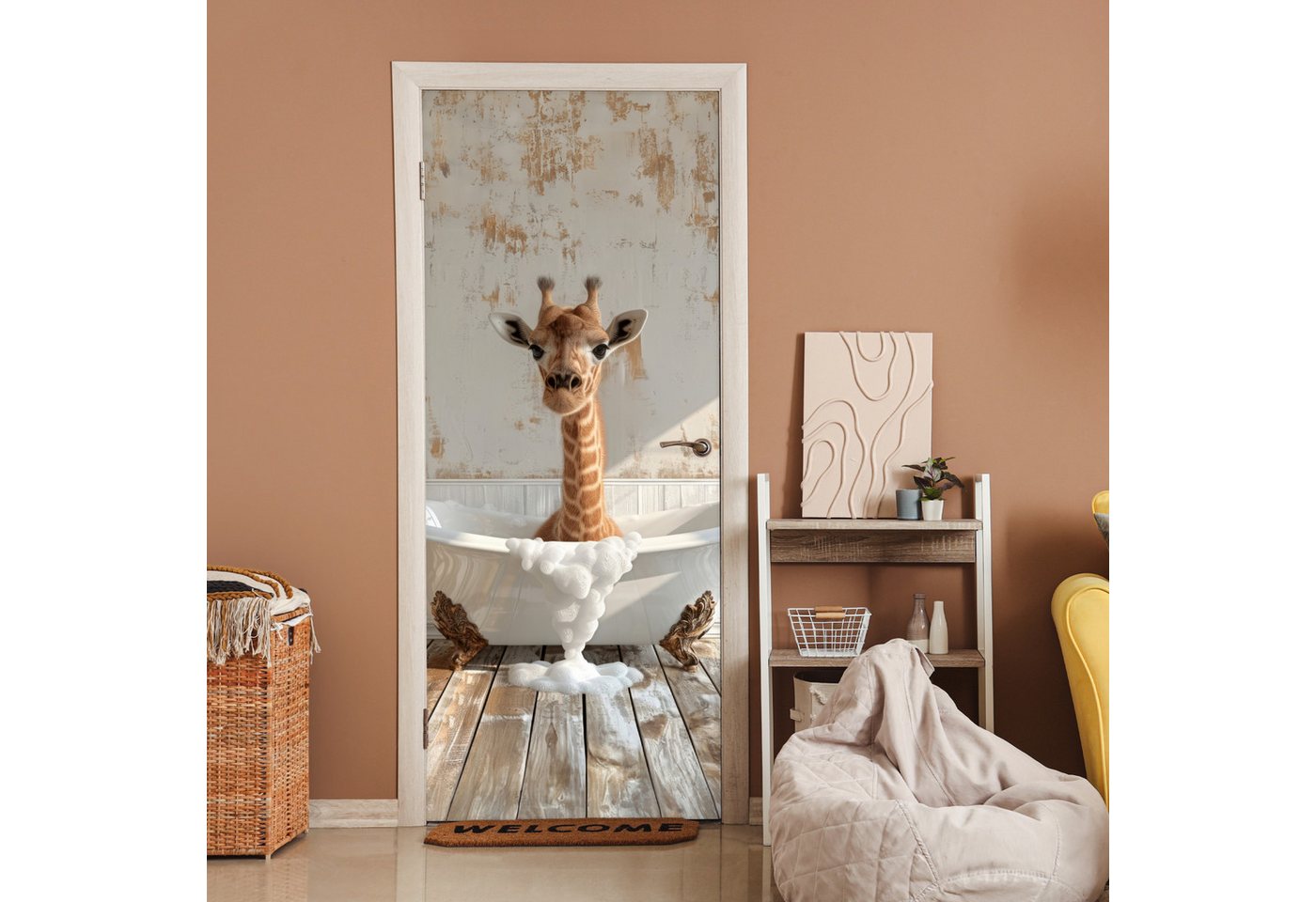 MuchoWow Türtapete Giraffe - Badewanne - Vintage - Tiere, Matt, bedruckt, (1 St), Selbstklebende Tapete, Folie für Möbel, 75x205 cm Bild 4