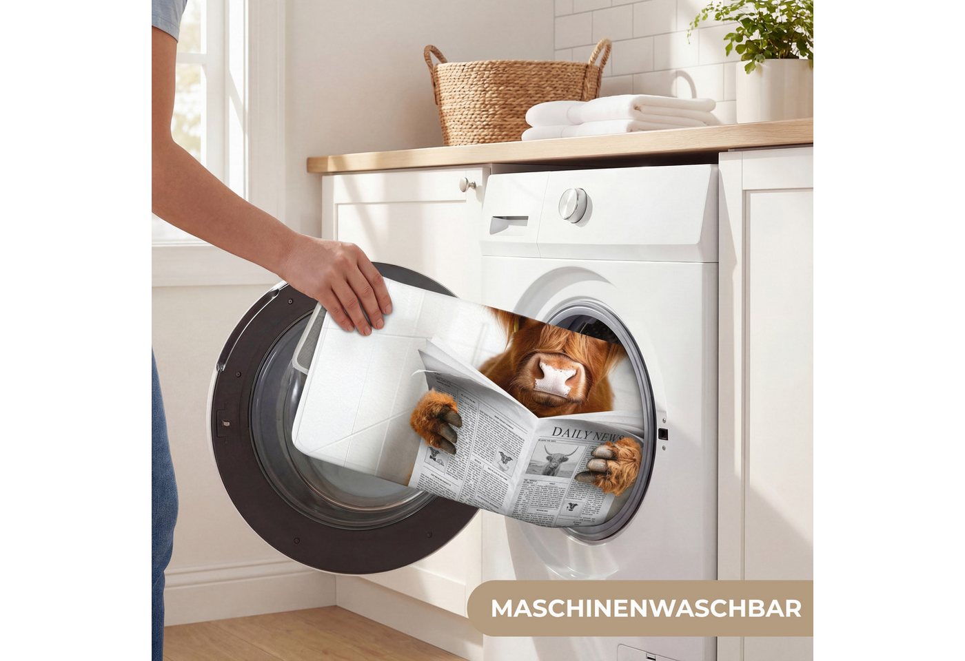 OnlyWow Badematte Schottischer Highlander - Tier - Zeitung - Toilette, Höhe 10 mm, Polyester, Rechteckig, Badezimmerteppich, Badteppich, Rutschfest, Badvorleger, Waschbar