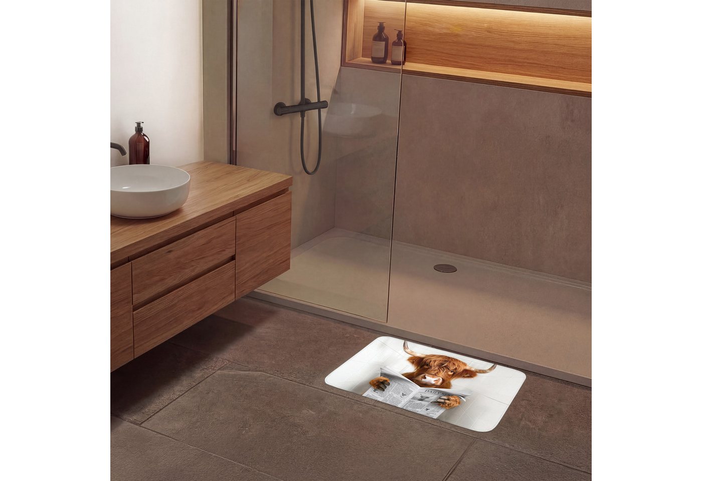 OnlyWow Badematte Schottischer Highlander - Tier - Zeitung - Toilette, Höhe 10 mm, Polyester, Rechteckig, Badezimmerteppich, Badteppich, Rutschfest, Badvorleger, Waschbar Bild 2