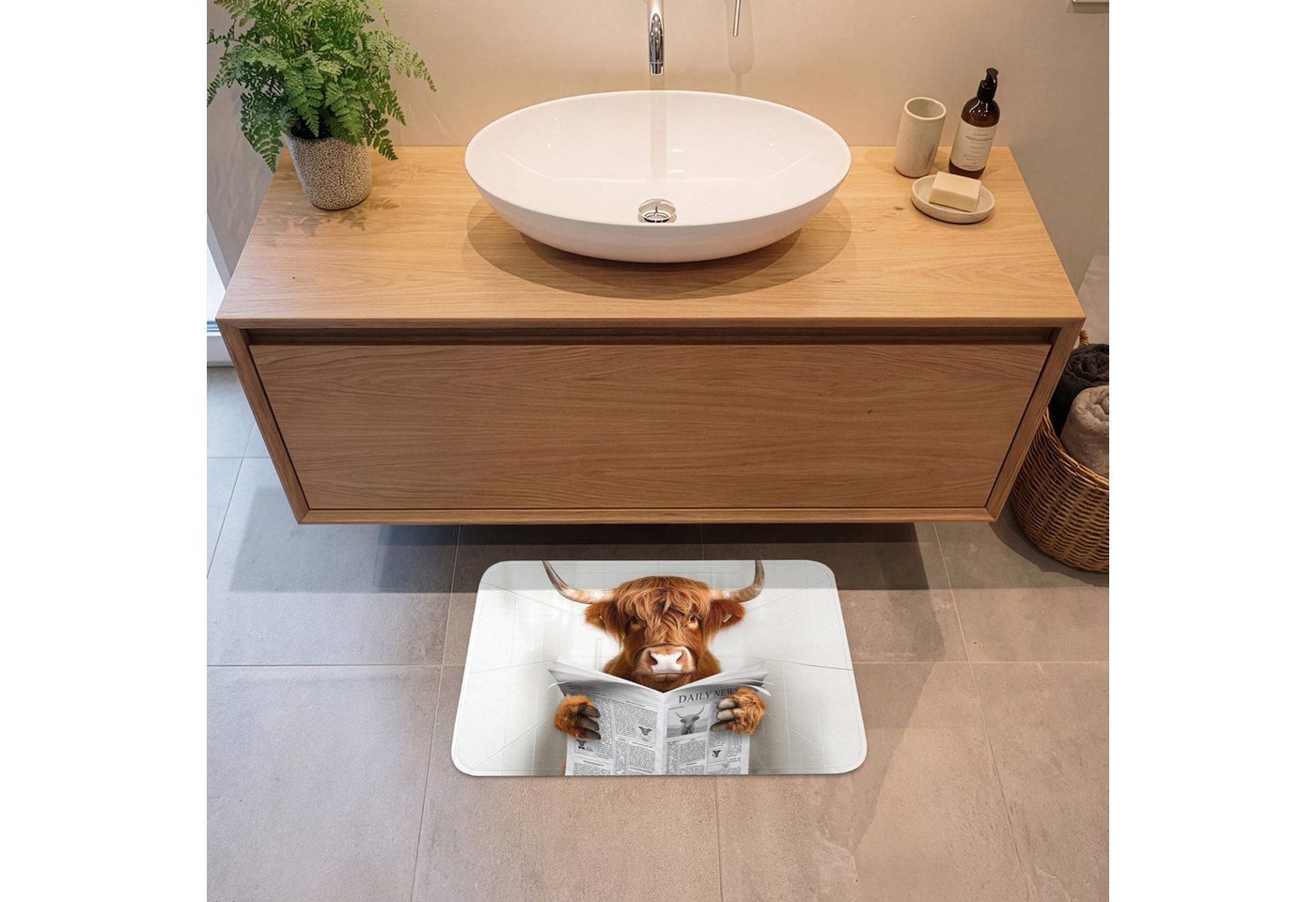 OnlyWow Badematte Schottischer Highlander - Tier - Zeitung - Toilette, Höhe 10 mm, Polyester, Rechteckig, Badezimmerteppich, Badteppich, Rutschfest, Badvorleger, Waschbar Bild 3