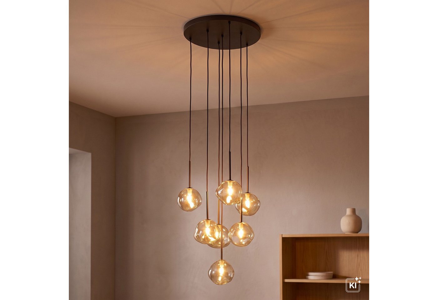 Licht-Erlebnisse Pendelleuchte UMERA, ohne Leuchtmittel, Glas Metall G9 485 cm breit H: max. 150 cm Braun Cognac Modern Bild 2