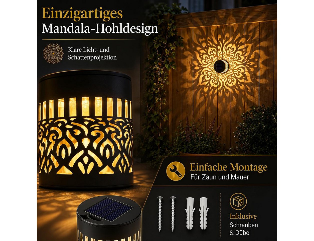 Vornix LED Solarleuchte Solarlampen für Außen,2 Stück Decorative Solar Mandala Lights, Mandala Solar Lights,Solar Wandleuchte, LED Garden Lantern Wasserdichte für Gartendeko und Terrasse Bild 3