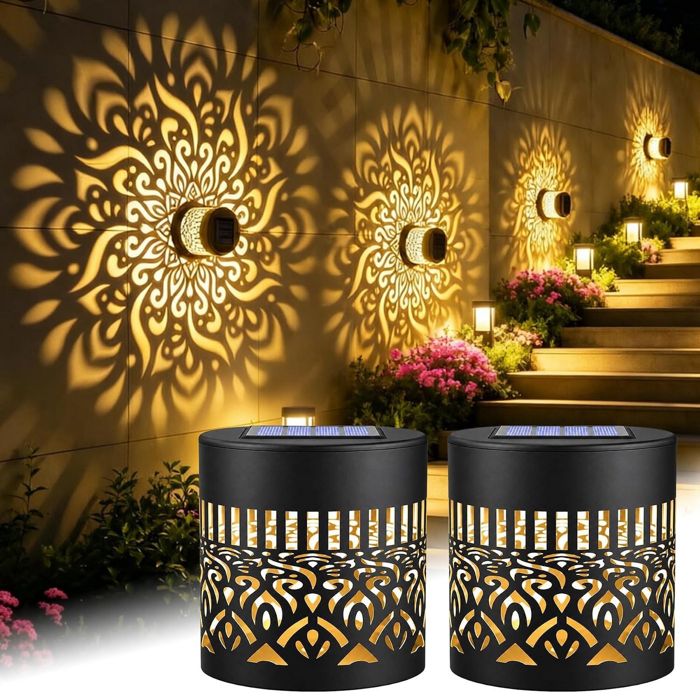 Vornix LED Solarleuchte Solarlampen für Außen,2 Stück Decorative Solar Mandala Lights, Mandala Solar Lights,Solar Wandleuchte, LED Garden Lantern Wasserdichte für Gartendeko und Terrasse Bild 4