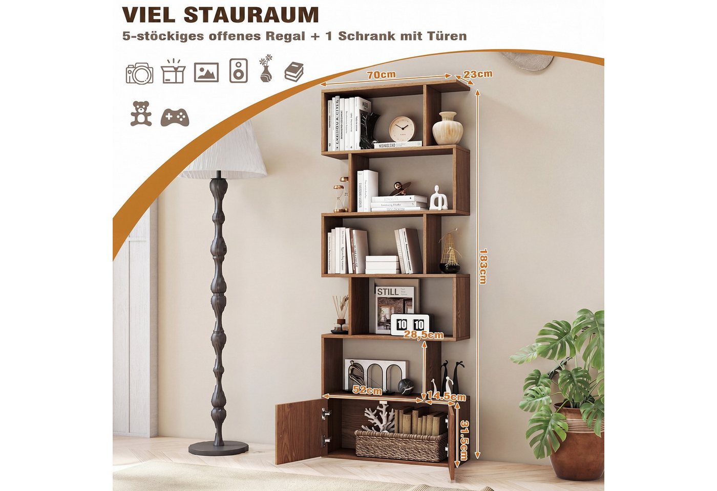 COSTWAY Bücherregal 6 Ebenen Standregal aus Holz, 183 x 70 x 23 cm