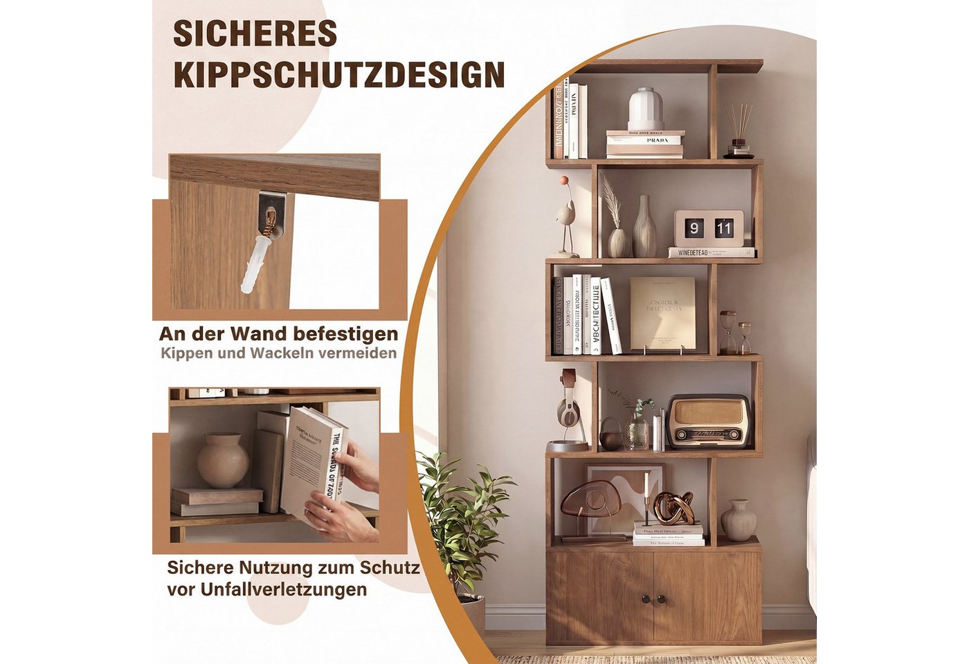 COSTWAY Bücherregal 6 Ebenen Standregal aus Holz, 183 x 70 x 23 cm Bild 2