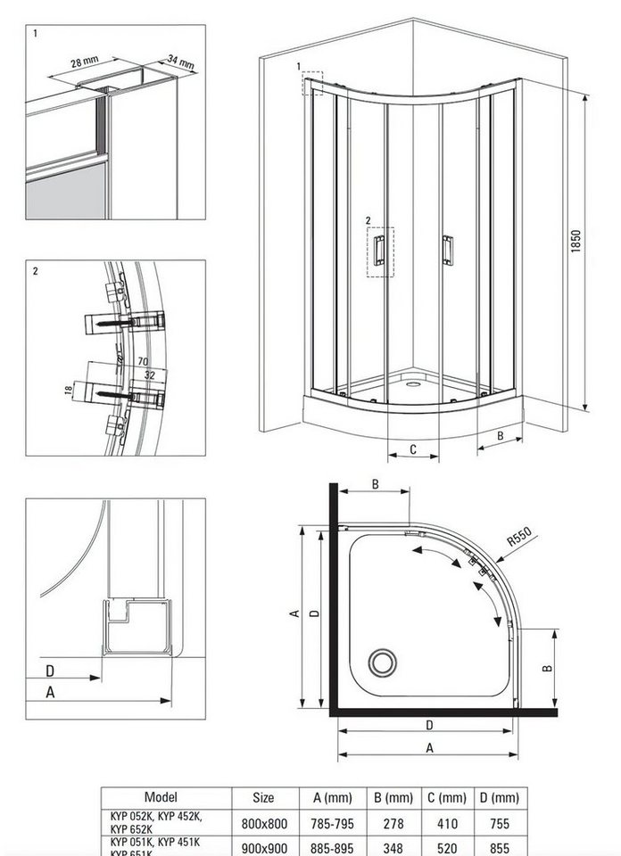 KOLMAN Komplettdusche Funkia Halbrund Duschkabine mit Duschwanne, BxT: 80x80 cm, Sicherheitsglas, 185 cm, Transparentes Glas, Ablaufgarnitur Gratis Bild 4