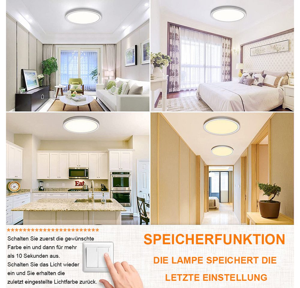 LMaxhome LED Deckenleuchte Ø23/30/40/50CM, Dimmbar Runde Ultra Dünn Deckenlampe 3 Farbtemperatur, 1 St., 24W~48W, 3000k/4000k/5000k, Memory Funktion, für Wohnzimmer Küche Büro