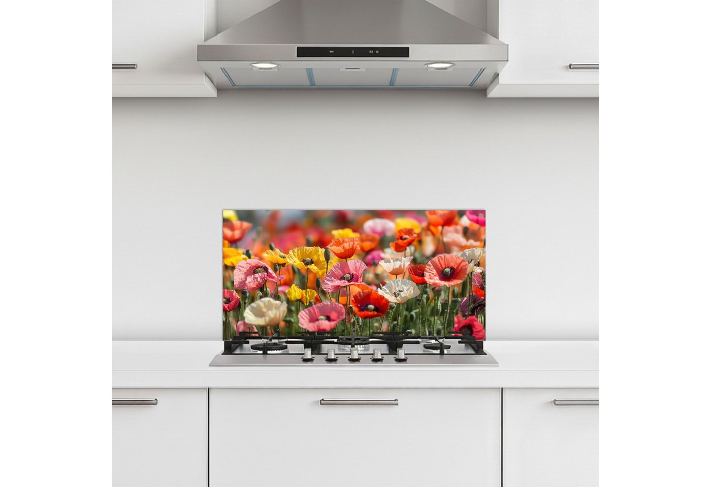 KitchenYeah Küchenrückwand selbstklebend (keine Folie) Blumenfeld - Mohnblumen - Farbenfroh, (1-tlg), Küchenrückwand, Spritzschutz, Kitchen, 60x30 cm