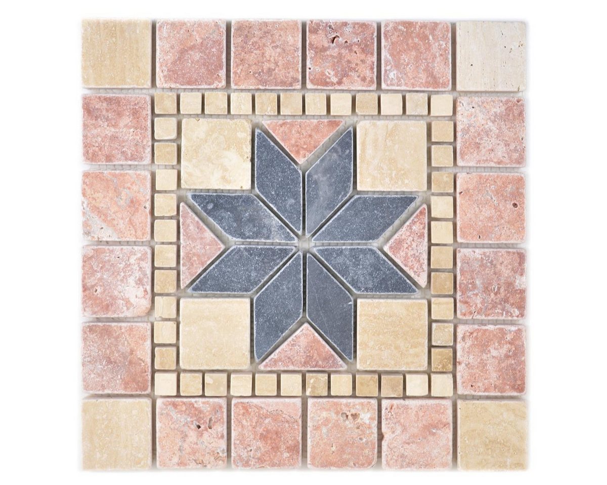 Mosafil Mosaikfliesen Naturstein Rosone Tarbora Beige Rot Schwarz 30x30cm, Naturstein 30.000x30.000, schwarz-rot-beige, Verlegefertig auf ein Netz geklebt - Frostsicher - Wasserfest -