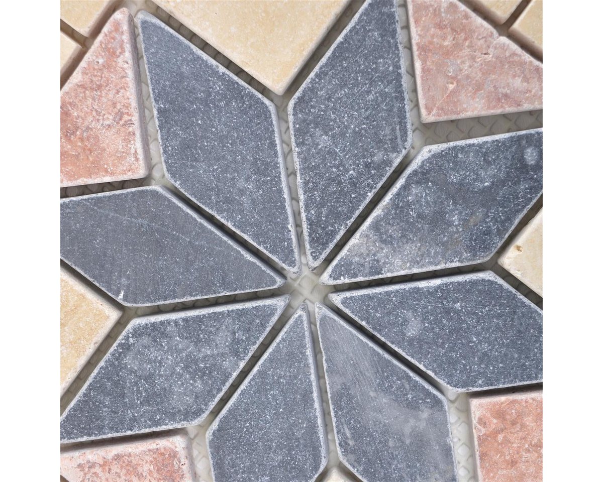 Mosafil Mosaikfliesen Naturstein Rosone Tarbora Beige Rot Schwarz 30x30cm, Naturstein 30.000x30.000, schwarz-rot-beige, Verlegefertig auf ein Netz geklebt - Frostsicher - Wasserfest - Bild 3