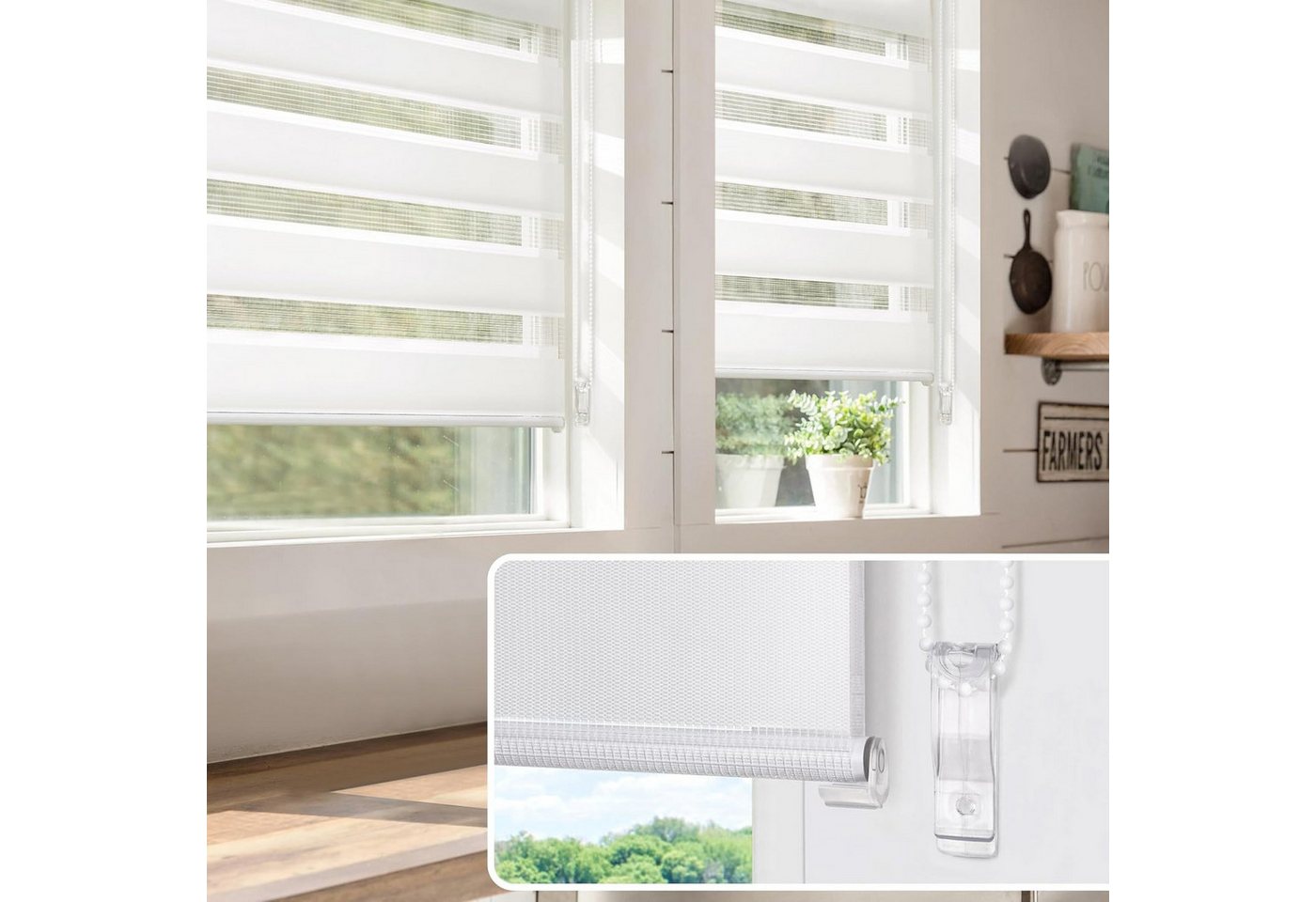 Doppelrollo Premium Doppelrollo / Duo Rollo, 90 x 175 cm, weiß, Victoria M., blickdicht, ohne Bohren, freihängend, verschraubt, Lichtdurchlässig und verdunkelnd mit Kettenzug Wand- o. Deckenmontage