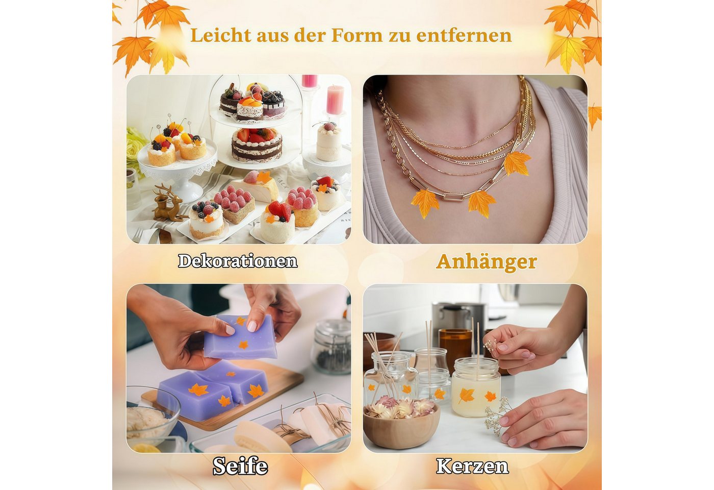 FOUORTUNATE-BEE Silikonform 6er Set Halloween-Silikonformen mit Kürbis- und Blattmotiven, (6-tlg), 6 Silikonformen für Herbstdeko, Halloween und DIY-Projekte Bild 5