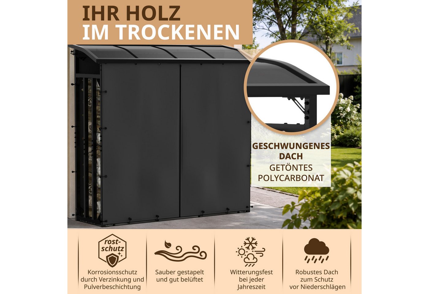 LAWA Living and Lifestyle Kaminholzregal Metall aussen Dach Holz Unterstand Abdeckplane Stapelhilfe Brennholz, BxTxH:185.00x70.00x185.00 cm, verzinkt, wetterfest Bild 2