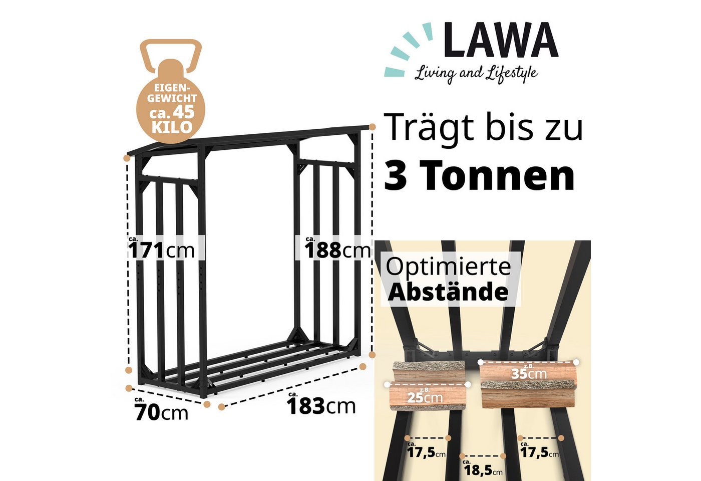 LAWA Living and Lifestyle Kaminholzregal Metall aussen Dach Holz Unterstand Abdeckplane Stapelhilfe Brennholz, BxTxH:185.00x70.00x185.00 cm, verzinkt, wetterfest Bild 4
