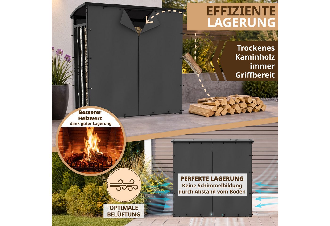 LAWA Living and Lifestyle Kaminholzregal Metall aussen Dach Holz Unterstand Abdeckplane Stapelhilfe Brennholz, BxTxH:185.00x70.00x185.00 cm, verzinkt, wetterfest Bild 5