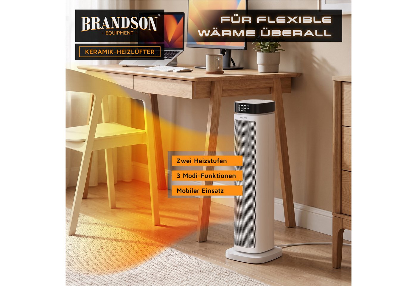 Brandson Heizlüfter Keramik-Heizlüfter 2000 W energiesparend, 12h-Timer, Fernbedienung, 2000 W, Thermostat, ECO-Modus, Oszillation, Kippschutz, Sperrfunktion