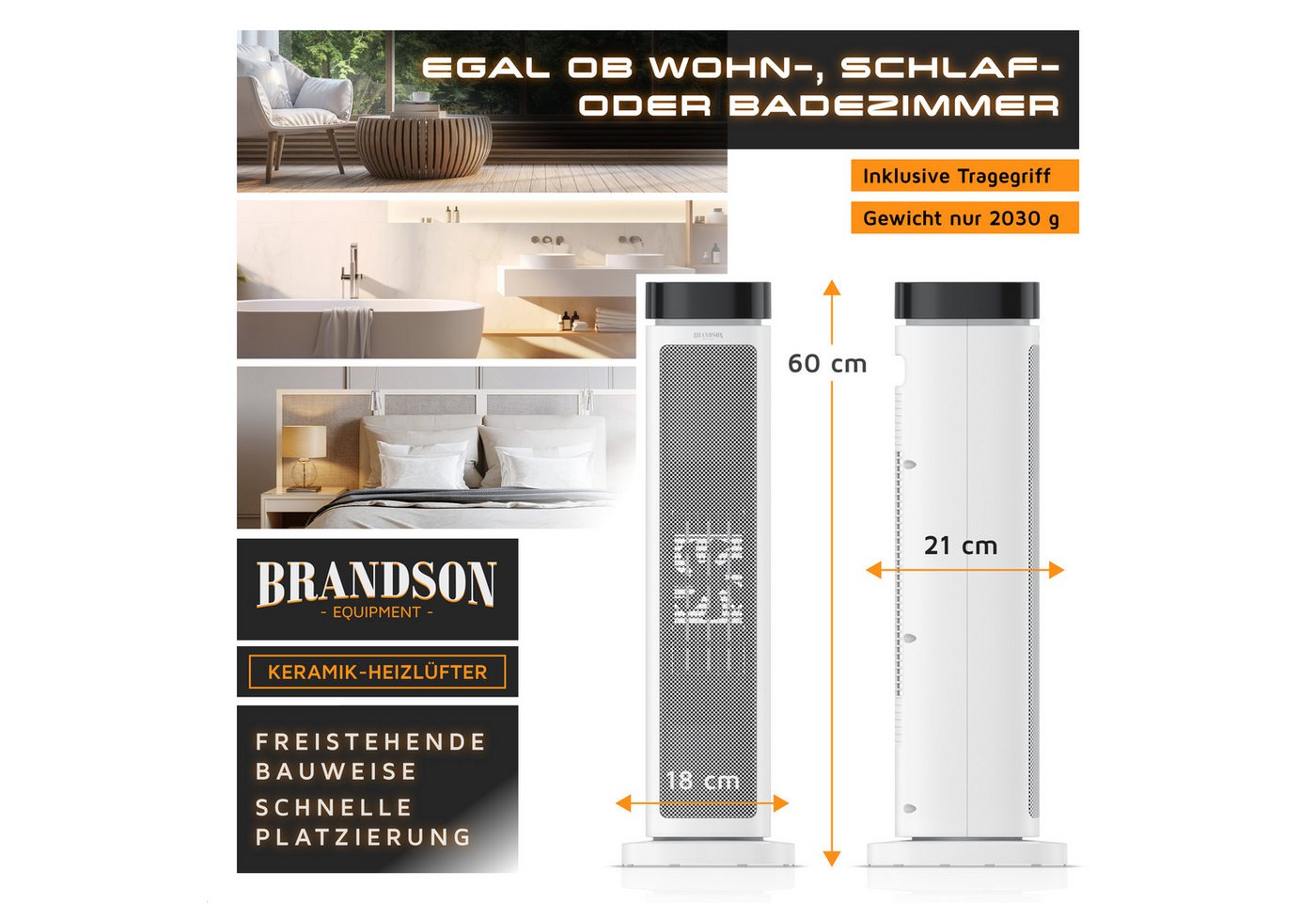 Brandson Heizlüfter Keramik-Heizlüfter 2000 W energiesparend, 12h-Timer, Fernbedienung, 2000 W, Thermostat, ECO-Modus, Oszillation, Kippschutz, Sperrfunktion Bild 2