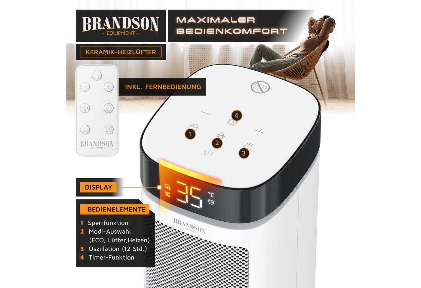 Brandson Heizlüfter Keramik-Heizlüfter 2000 W energiesparend, 12h-Timer, Fernbedienung, 2000 W, Thermostat, ECO-Modus, Oszillation, Kippschutz, Sperrfunktion Bild 4
