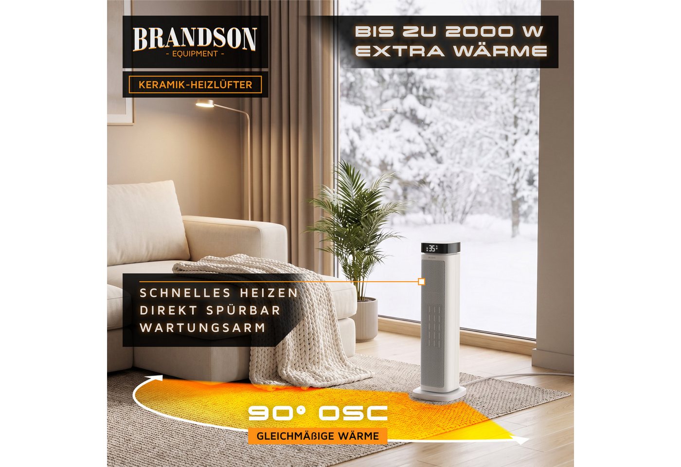 Brandson Heizlüfter Keramik-Heizlüfter 2000 W energiesparend, 12h-Timer, Fernbedienung, 2000 W, Thermostat, ECO-Modus, Oszillation, Kippschutz, Sperrfunktion Bild 5