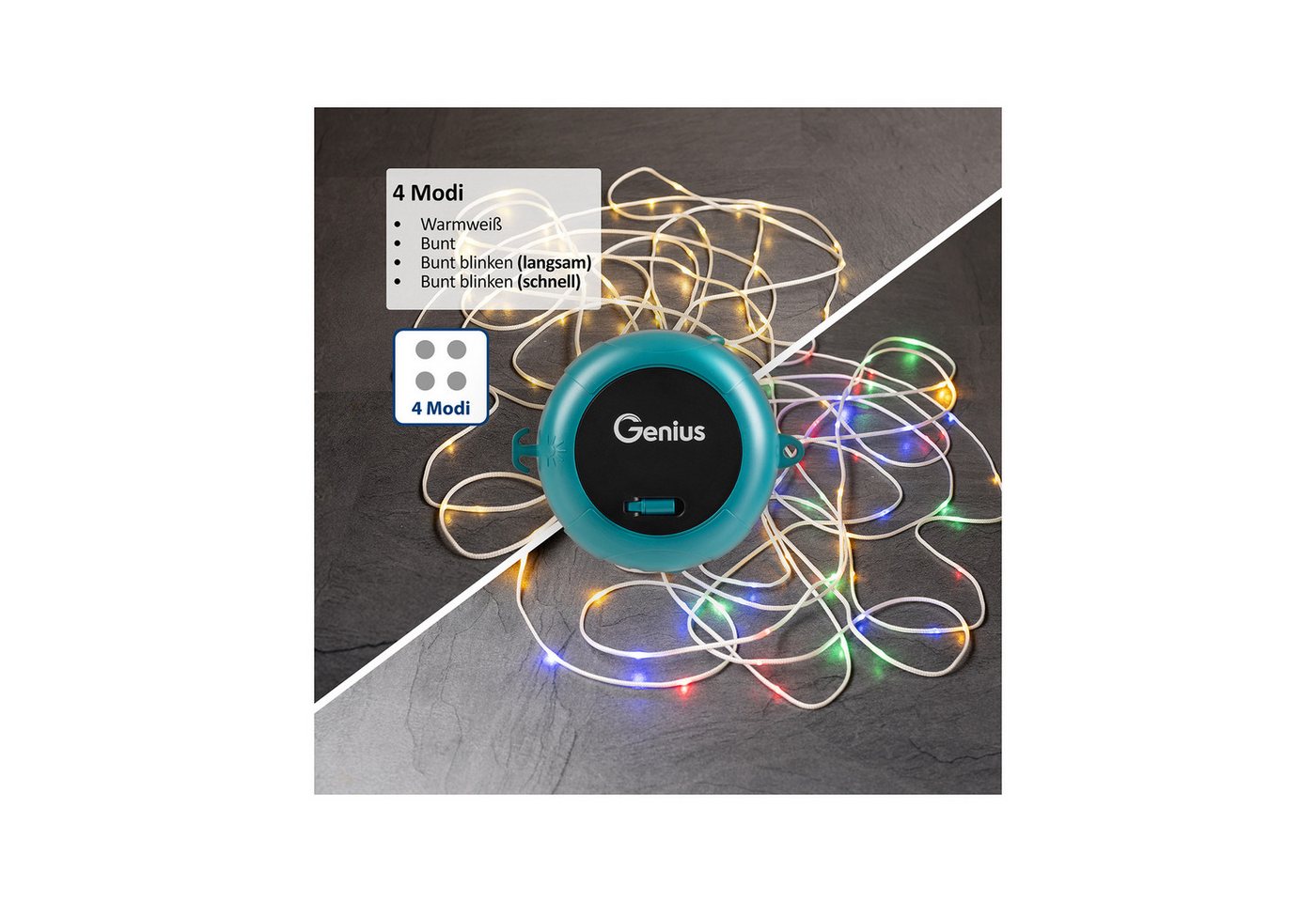 Genius LED-Lichterkette Genius Camping LED Lichterkette Akku aufrollbar 2.tlg, 4 Lichtmodi, Wetterfest (IP44) – perfekt für Outdoor & Camping Bild 4