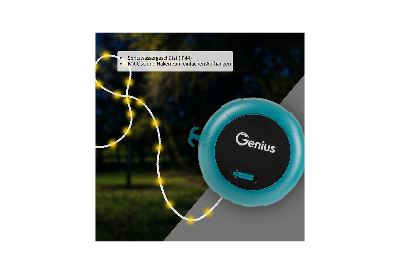 Genius LED-Lichterkette Genius Camping LED Lichterkette Akku aufrollbar 2.tlg, 4 Lichtmodi, Wetterfest (IP44) – perfekt für Outdoor & Camping Bild 5