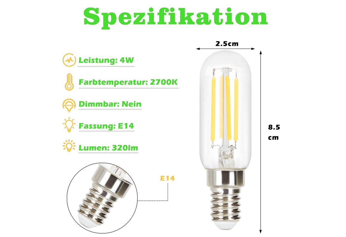 ZMH LED-Leuchtmittel Edison LED Vintage Glühbirne - T25 2700K, E14, 4 St., warmweiß, Filament Retro Glas Birne Energiesparlampe Bild 5