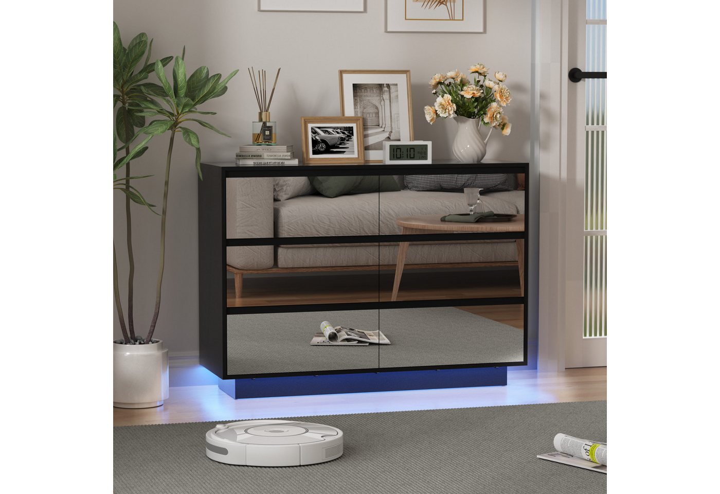 UEV Spiegelschrank mit LED-Beleuchtung, einstellbare Farben Kommode mit 6 Schubladen (Spiegelschrank, Wohnzimmerschrank, Schlafzimmerschrank) 100 x 34 x 72,5cm für Wohnzimmer Schlafzimmer Flur