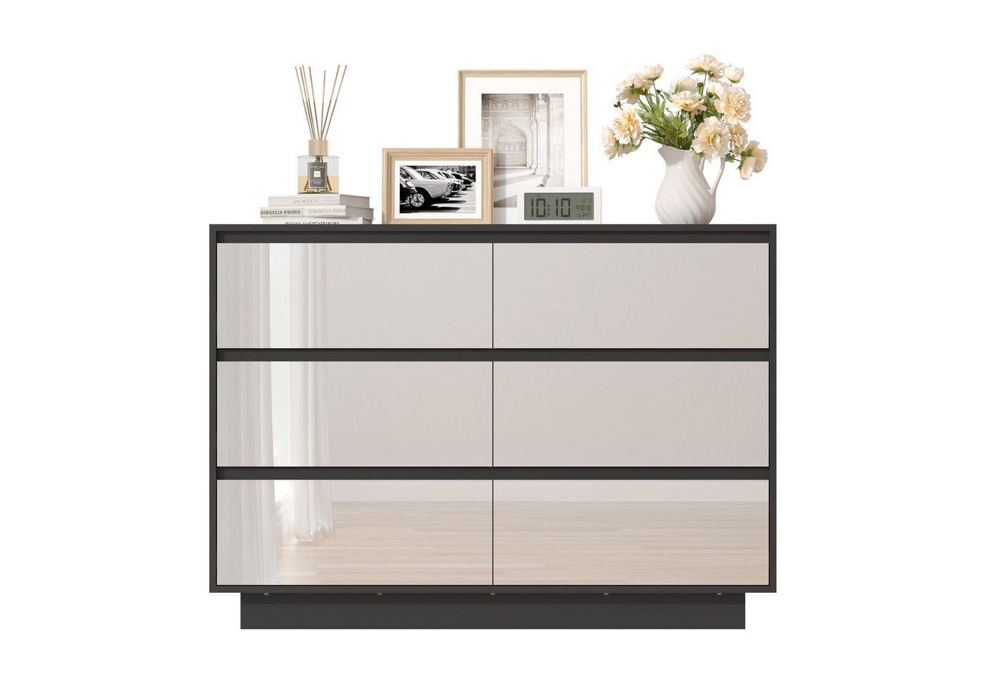 UEV Spiegelschrank mit LED-Beleuchtung, einstellbare Farben Kommode mit 6 Schubladen (Spiegelschrank, Wohnzimmerschrank, Schlafzimmerschrank) 100 x 34 x 72,5cm für Wohnzimmer Schlafzimmer Flur Bild 2
