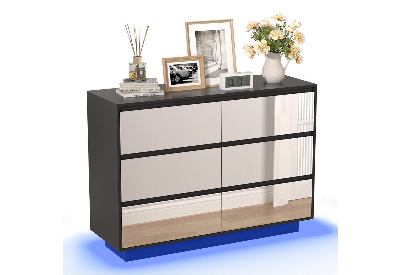 UEV Spiegelschrank mit LED-Beleuchtung, einstellbare Farben Kommode mit 6 Schubladen (Spiegelschrank, Wohnzimmerschrank, Schlafzimmerschrank) 100 x 34 x 72,5cm für Wohnzimmer Schlafzimmer Flur Bild 5
