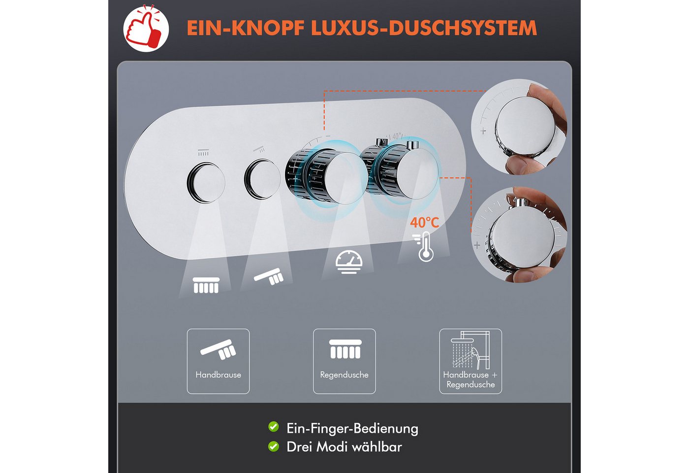 HOMELODY Duschsystem Chrom Unterputz Duscharmatur Duschsystem mit Thermostat 40℃, Mit Handbrause 3+1 Strahlarten, Drucktasten und konstanter Temperatur Bild 4