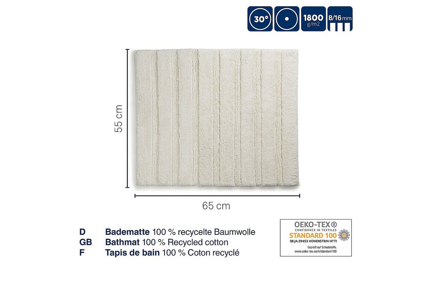 kela Badematte Megan, Höhe 16 mm, 100%Baumwolle, rutschhemmend, bei 30°C waschbar, für Fußbodenheizung geeignet