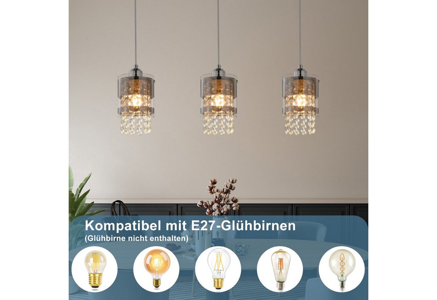 ZMH Pendelleuchte E27 Kristall, Hängeleuchte für Esstisch, Kristalllampe, höhenverstellbar bis 150 cm, ohne Leuchtmittel, Esszimmerlampe für Wohnzimmer Küche Bild 3