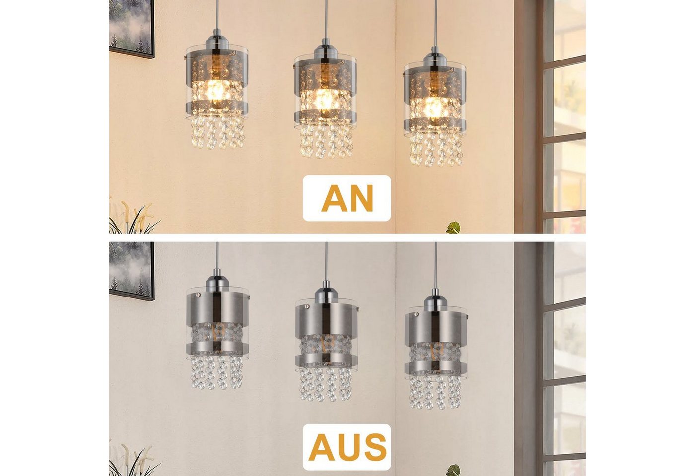 ZMH Pendelleuchte E27 Kristall, Hängeleuchte für Esstisch, Kristalllampe, höhenverstellbar bis 150 cm, ohne Leuchtmittel, Esszimmerlampe für Wohnzimmer Küche Bild 4