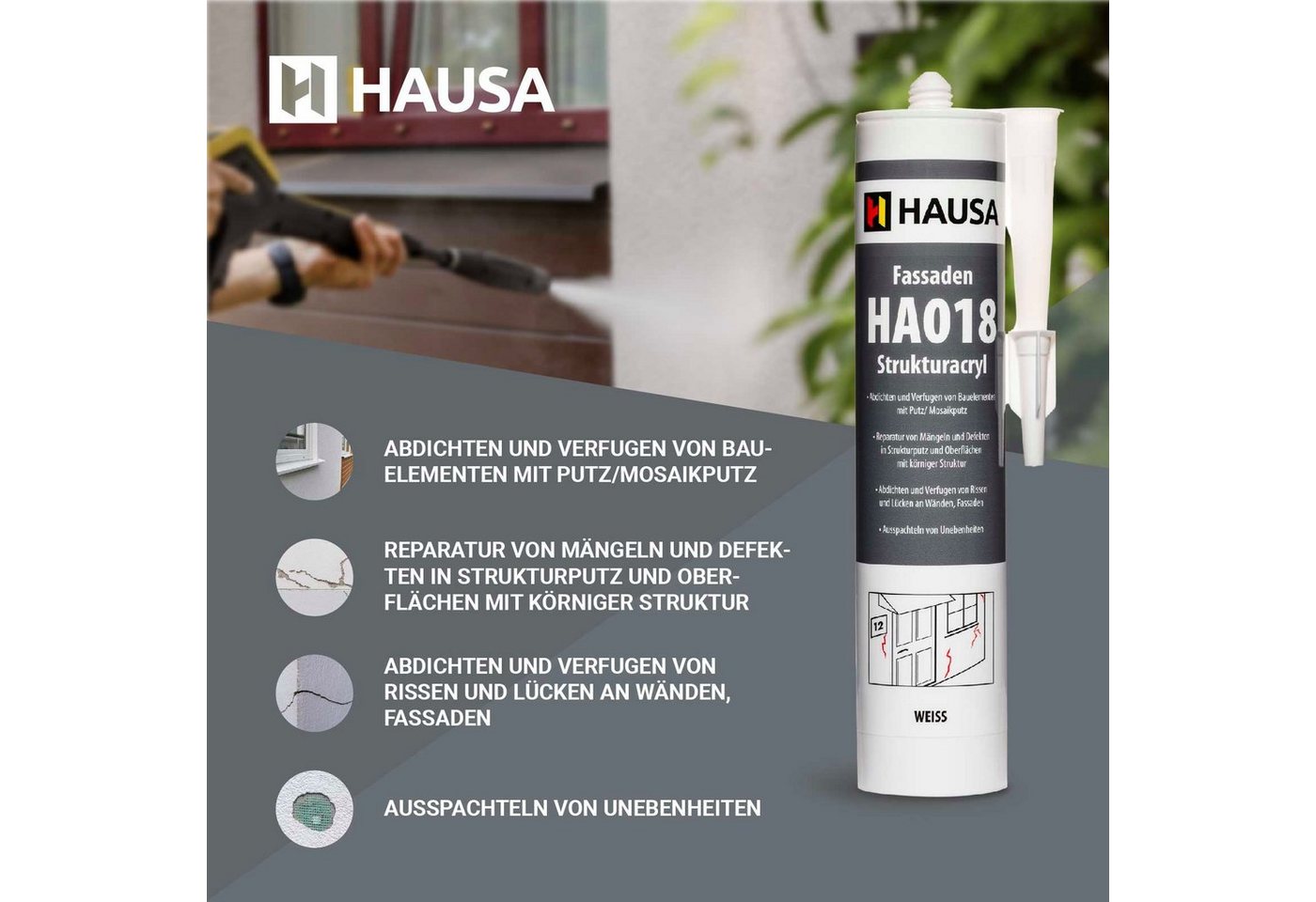 Hausa Maleracryl, Strukturacryl Fassadenacryl, (Putzacryl körnig Top Reparaturacryl Riss stop, 310-tlg., HA018), Acryl mit Körnung Abdichtung für Außenbereich Bild 3