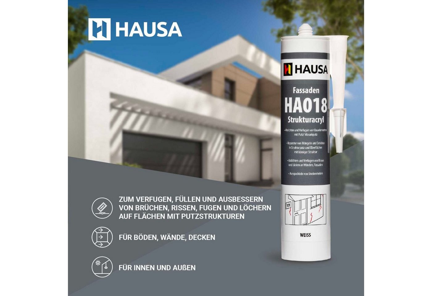 Hausa Maleracryl, Strukturacryl Fassadenacryl, (Putzacryl körnig Top Reparaturacryl Riss stop, 310-tlg., HA018), Acryl mit Körnung Abdichtung für Außenbereich Bild 5