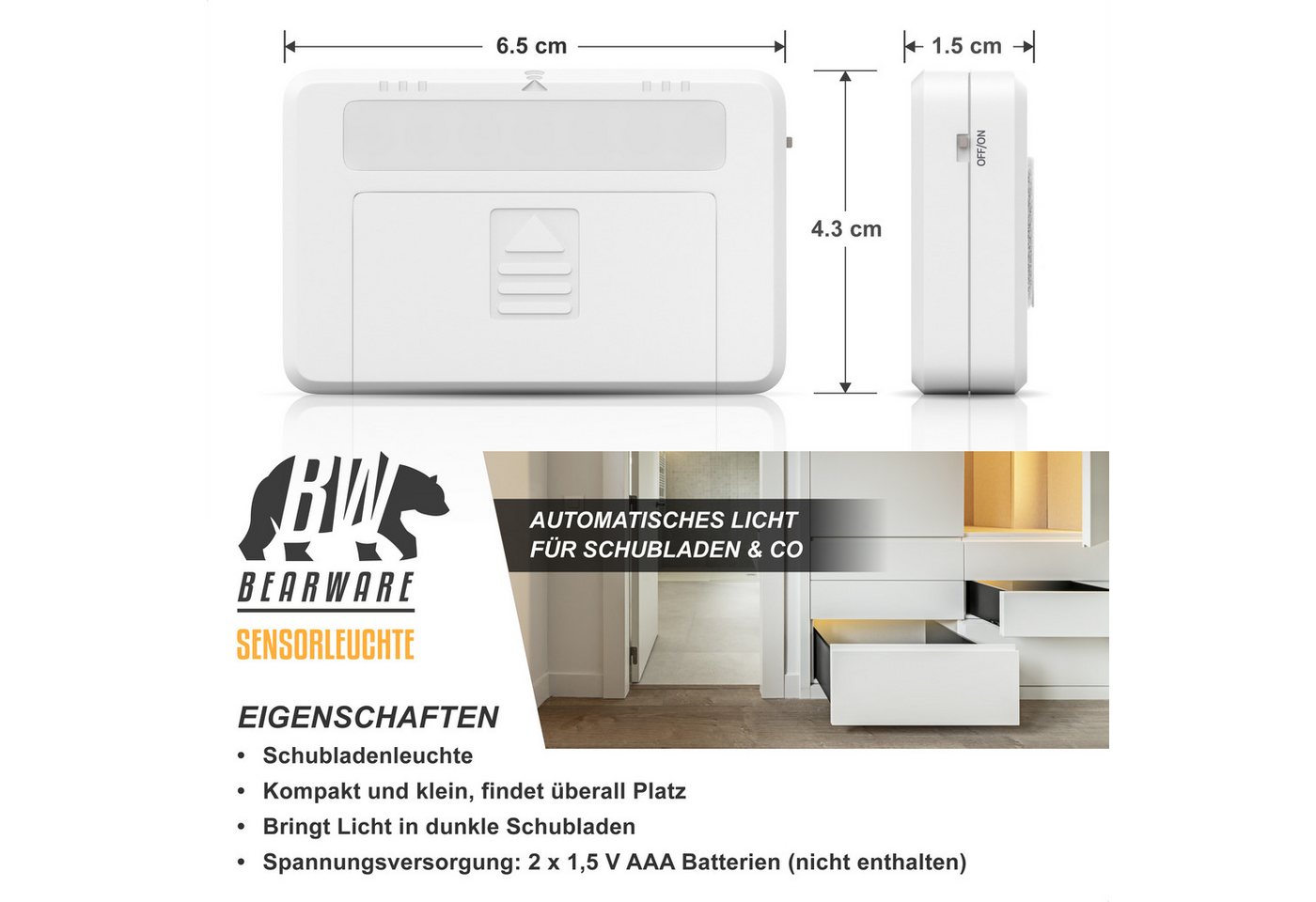 BEARWARE LED Schrankinnenraumbeleuchtung Schubladenleuchte, Schrankleuchte, Sensor Light, Magnetsensor, kompakt, LED fest integriert, Warmweiß, Schrankbeleuchtung mit Bewegungssensor für bessere Sicht in Schubladen Bild 2