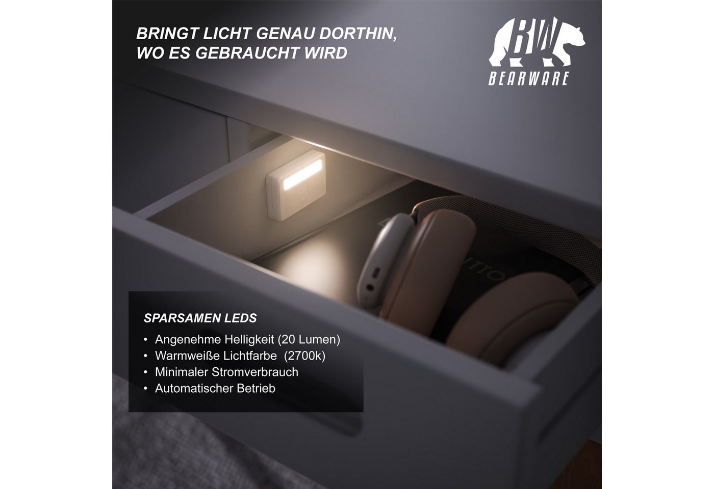 BEARWARE LED Schrankinnenraumbeleuchtung Schubladenleuchte, Schrankleuchte, Sensor Light, Magnetsensor, kompakt, LED fest integriert, Warmweiß, Schrankbeleuchtung mit Bewegungssensor für bessere Sicht in Schubladen Bild 3