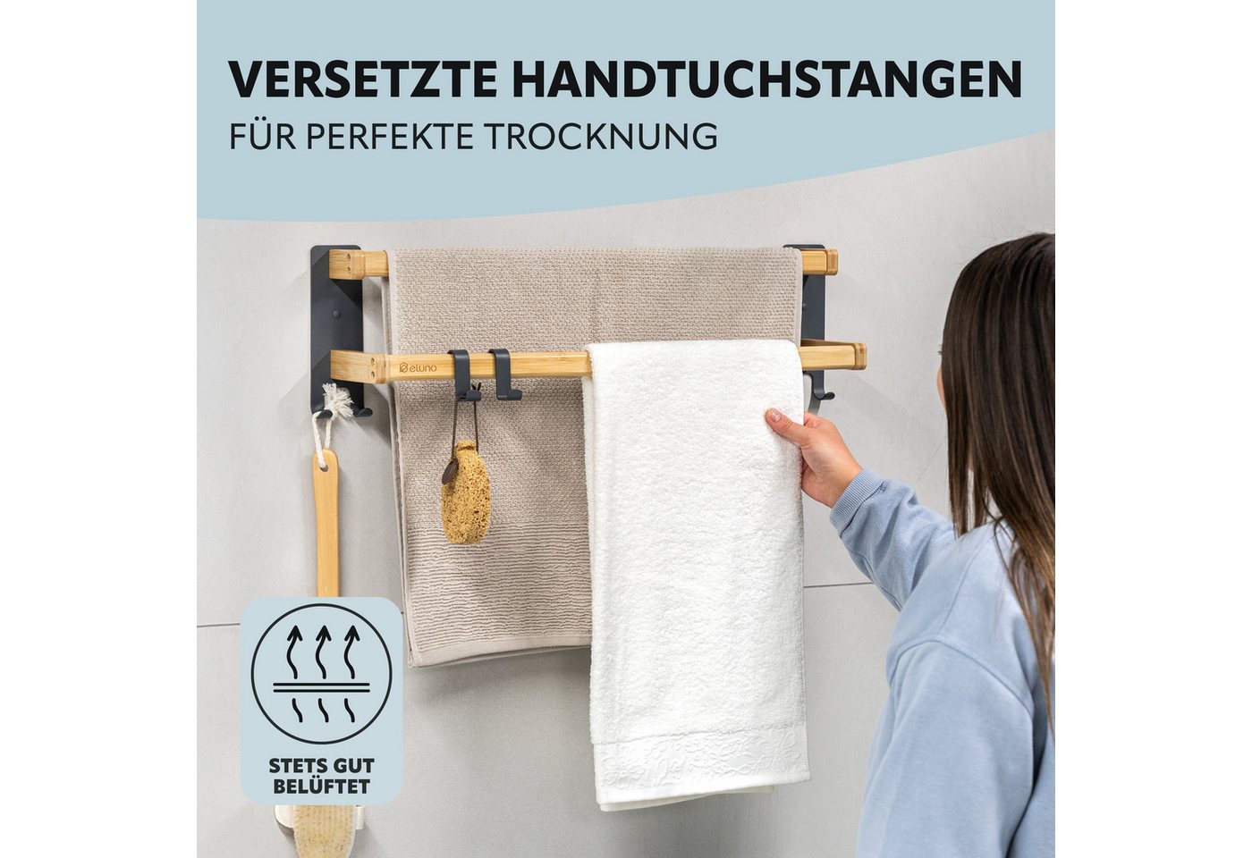 eluno Handtuchständer aus grauem Metall und Bambus
