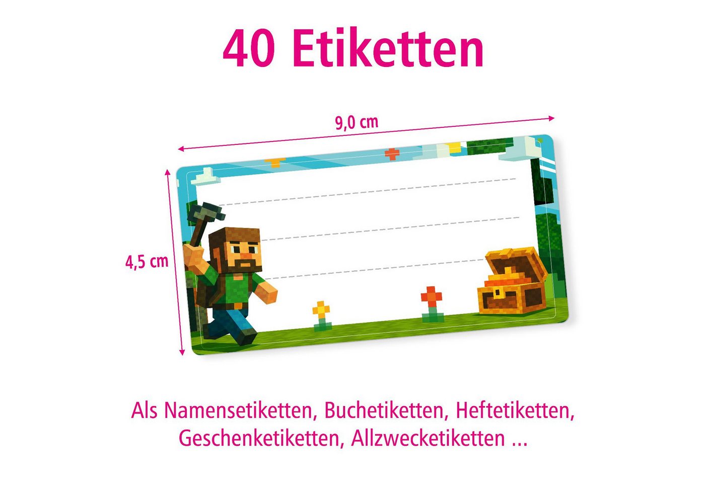 itenga Aufkleber itenga 40x Buchetiketten Blockgame PIXEL 9x4,5cm Namensetiketten Hefte