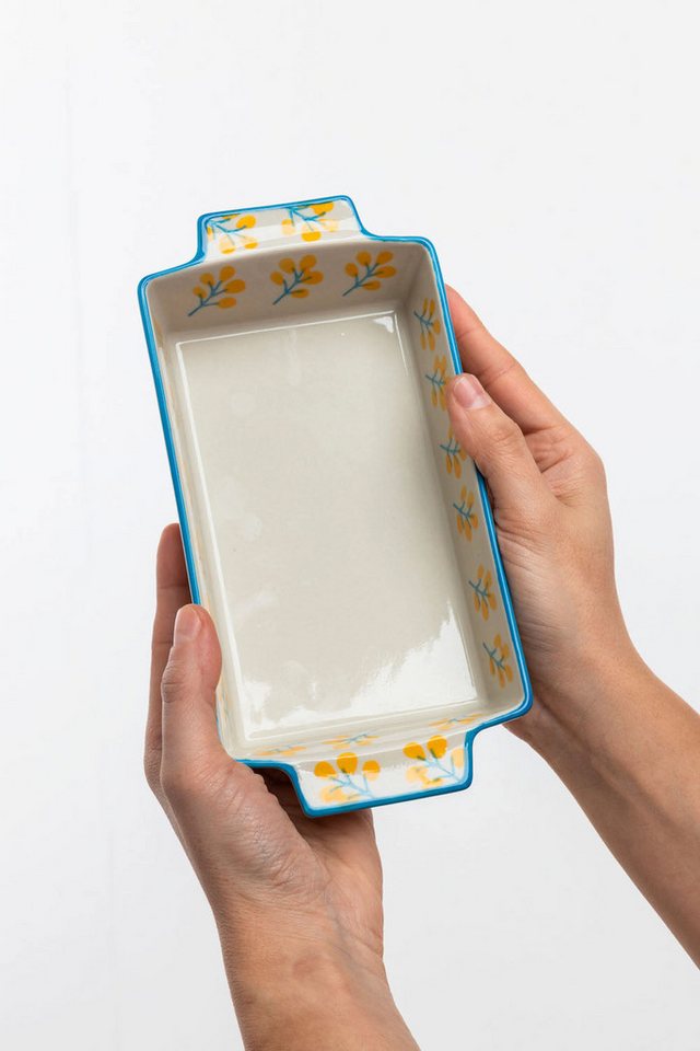 Tranquillo Backform Kleine Steinzeug Kuchenform FLORAL 300ml 21x10.5x4.5 cm handgestempelt, (Einzelartikel), Backform mit floralem Dekor und gleichmäßiger Wärmeverteilung