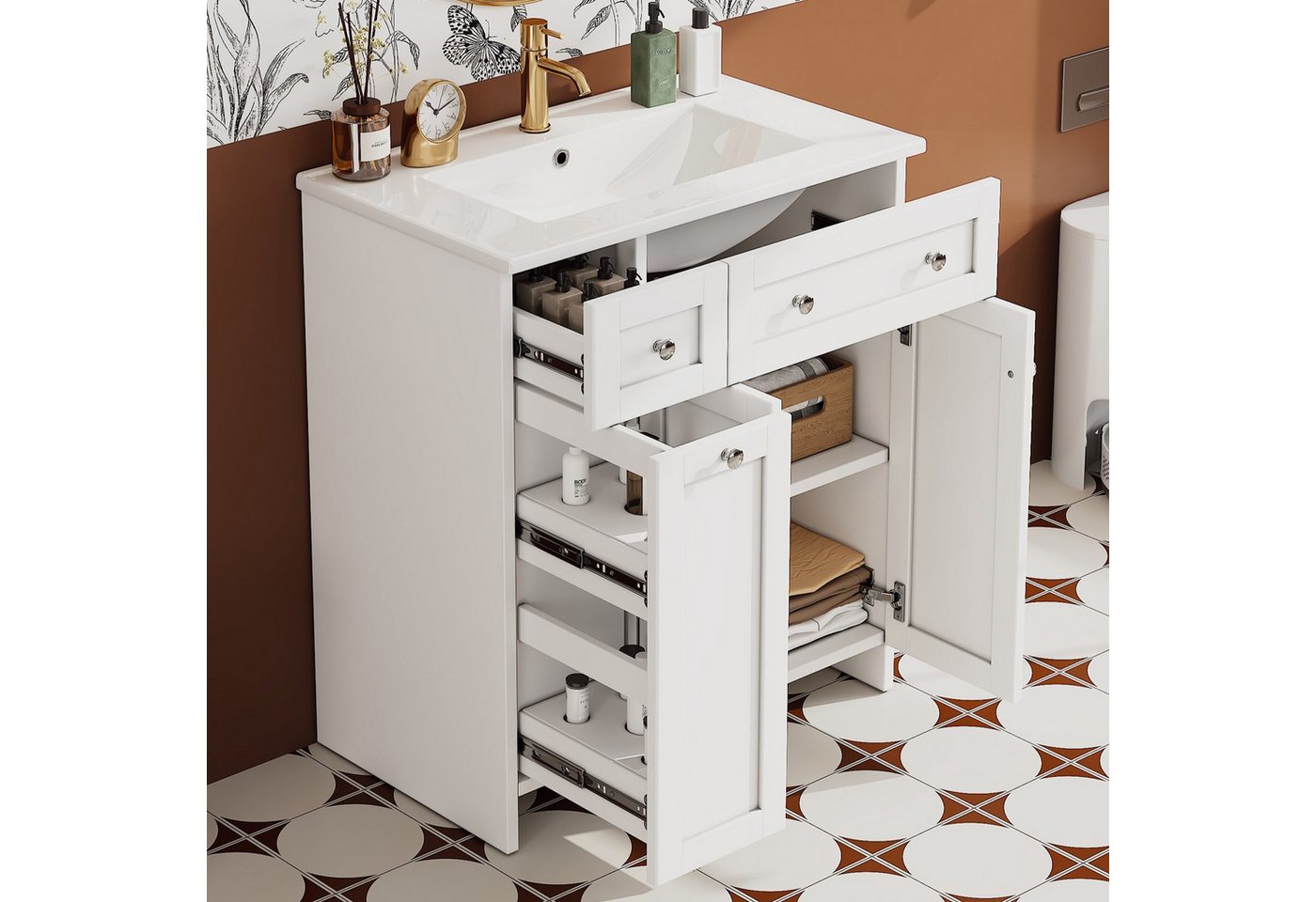 Flieks Waschtisch mit ausziehbarer Ablagen Waschbeckenunterschrank mit Waschbecken (B76/T47/H86 cm, 1-St., bodenstehend, Badschrank Waschplatz Badzimmer, lackierte Oberfläche), Badmöbel-Set Badzimmerschrank mit verstellbarer Einlegeböden Weiß